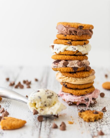 Ice cream sandwiches stacked on top of one another.