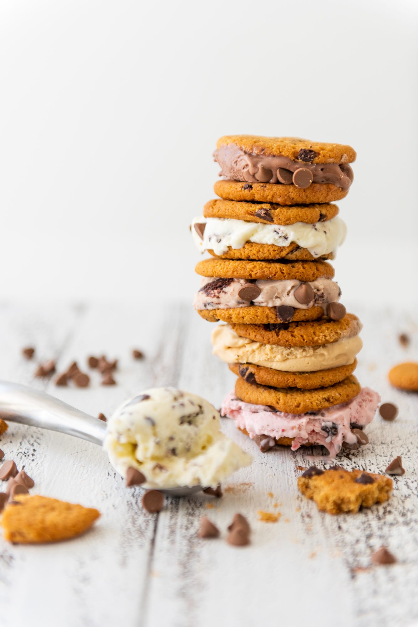 Ice cream sandwiches stacked on top of one another.